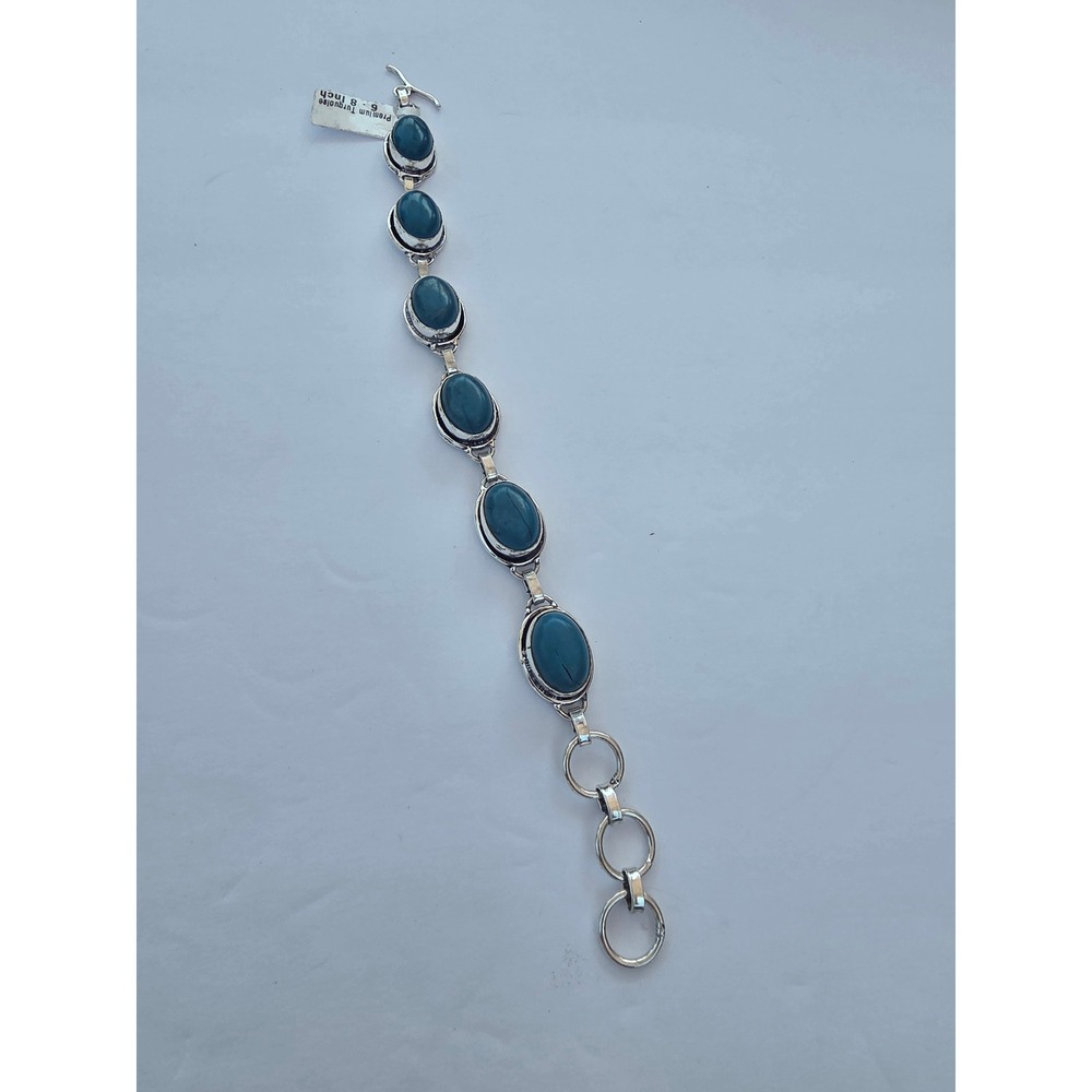 Premium Turquoise Link Bracelet Silver Tone Oval Stone Adjustable 6-8 Inch